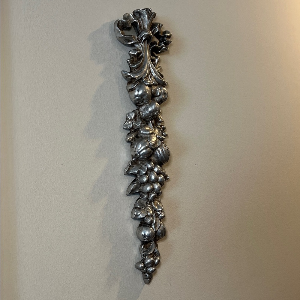 VTG French Country Silver Pewter Fruit Pomegranate Ornate Bow Wall Hanging Decor - Picture 5 of 9